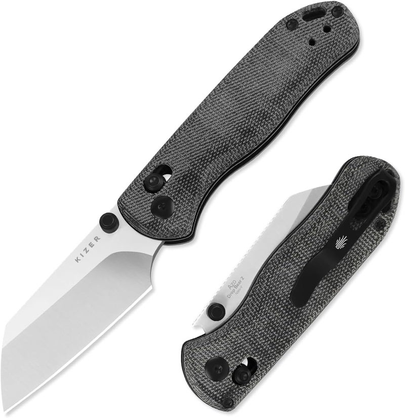 KIZER سكين جيب دروب بير 2، شفرة شيفت فوت نيترو-في 2.84" قابلة للطي مع مقبض ميكارتا أسود، سكاكين EDC بقفل كلتش مع نتوءات على العمود للرجال والنساء V3619.2KS1 - Image 1